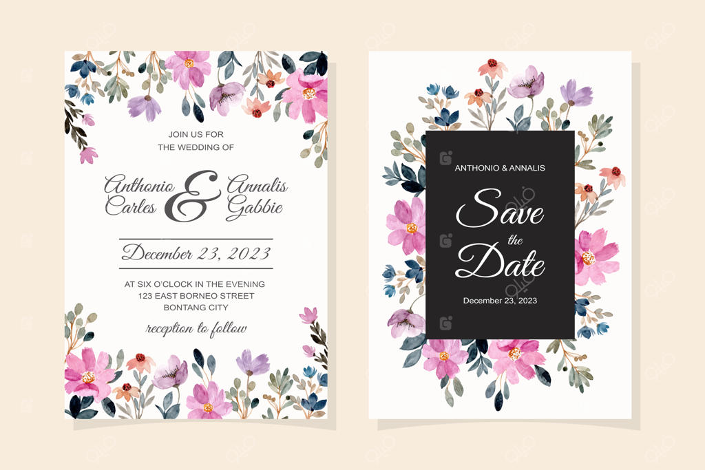 کارت دعوت عروسی با گل‌های بنفش آبرنگی