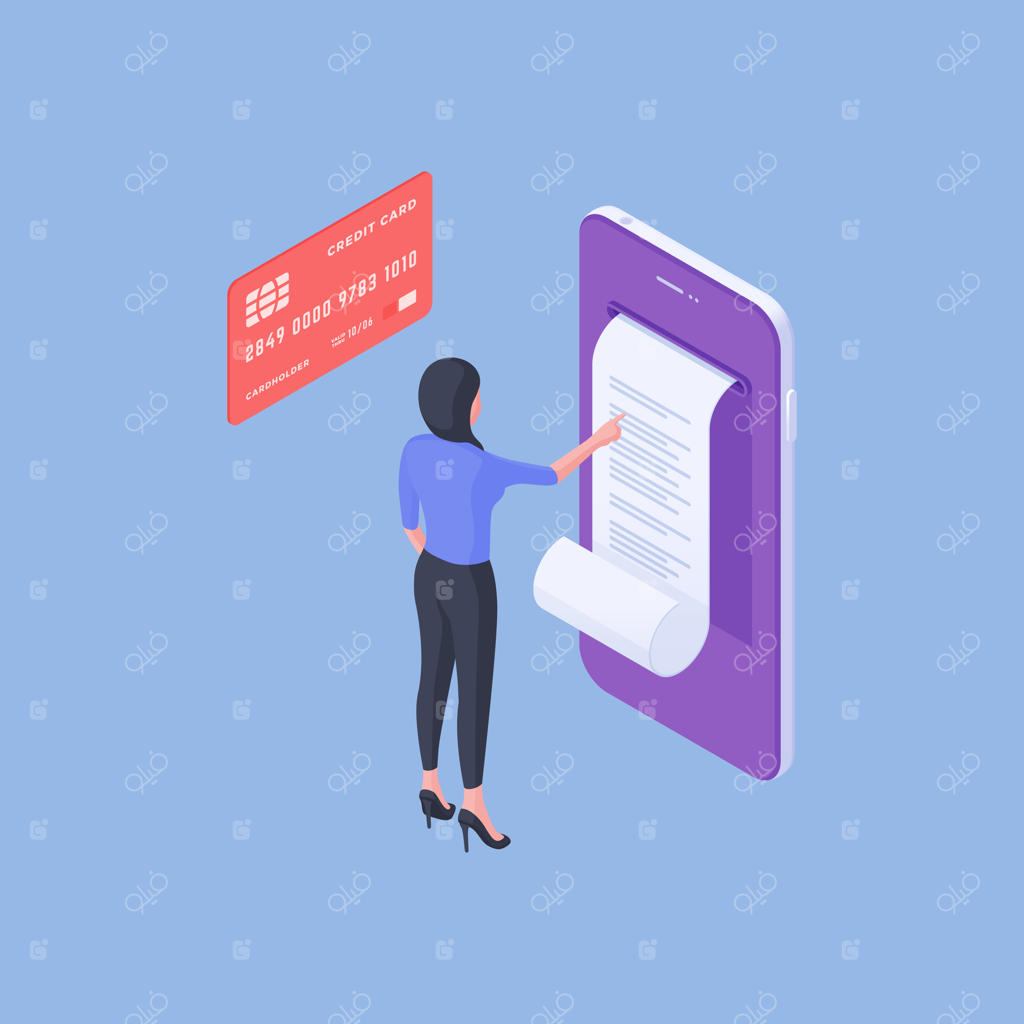 تصویر وکتور ایزومتریک از مشتری مدرن زن که صورتحساب آنلاین را روی صفحه گوشی هوشمند در کنار کارت اعتباری بعد از انجام تراکنش مالی می‌خواند، در پس‌زمینه آبی