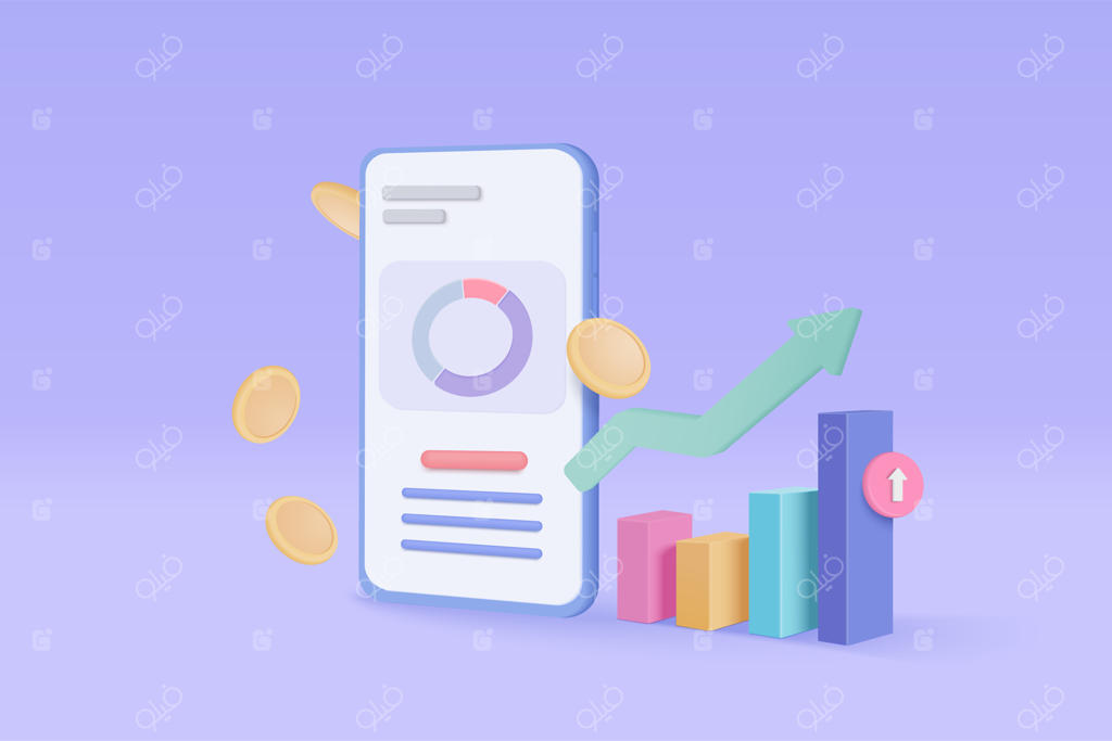 معامله آنلاین سه‌بعدی با گوشی همراه و سکه‌ی پول بر روی پس‌زمینه‌ی بنفش: نمودار سرمایه‌گذاری با استفاده از تجارت سرمایه‌گذاری بر روی گوشی همراه، رندر سه‌بعدی برای سرمایه‌گذاری