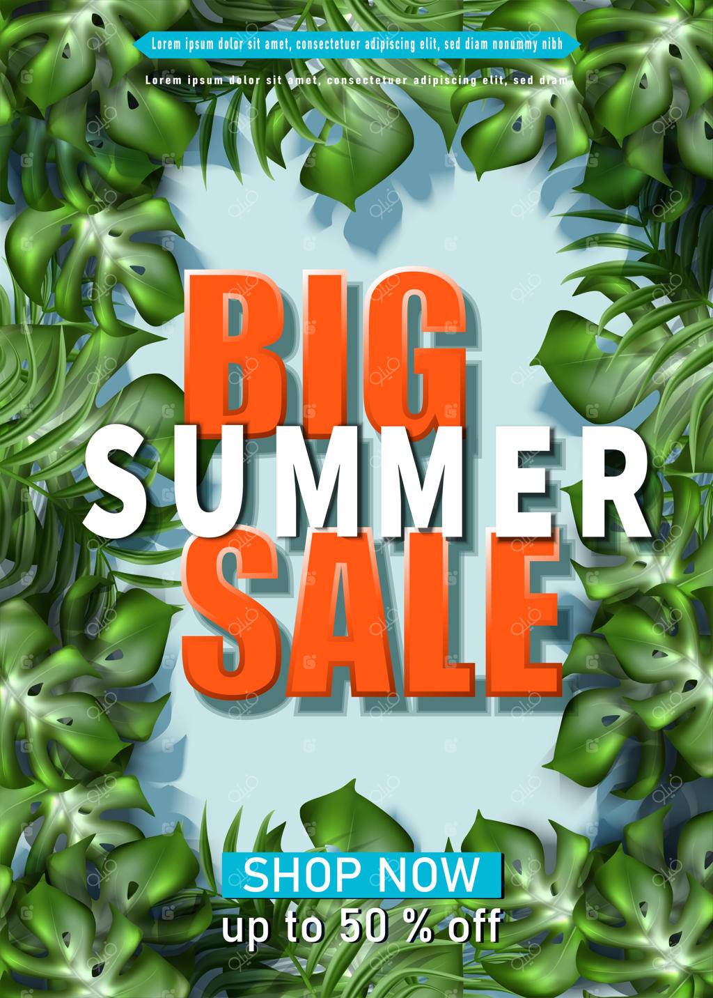 قالب بنر حراج بزرگ تابستانی با قاب برگ‌های استوایی