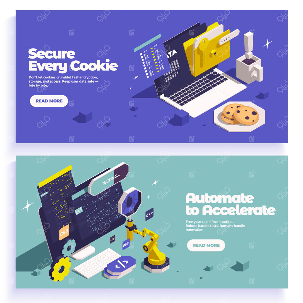 بنرهای ایزومتریک تست نرم‌افزار QA به صورت افقی