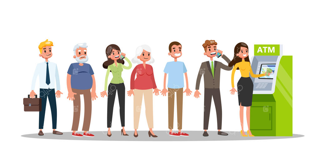 صف در مقابل دستگاه خودپرداز. مردم در حال ایستادن و انتظار در صف