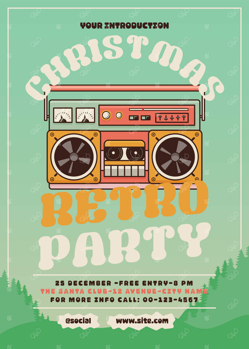 کارت دعوت جشن سال نو با طراحی مدرن آرت دکو و نوار ضبط‌کننده