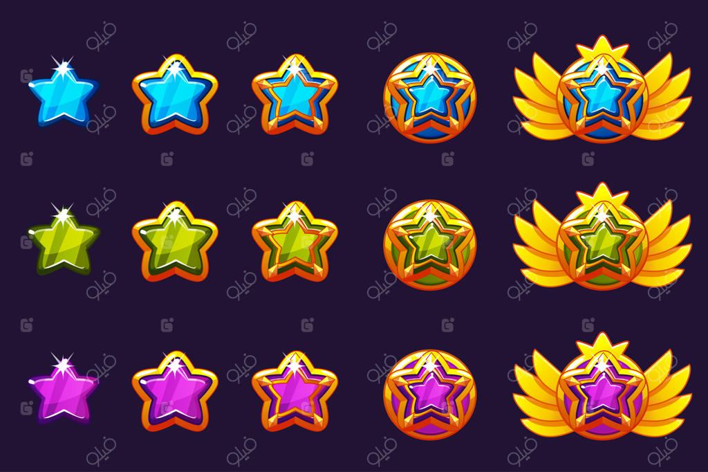 نشانگر پیشرفت و جوایز جواهری، طلسم‌های طلایی با نگین ستاره‌ای، مجموعه آیکون و است‌های طراحی بازی