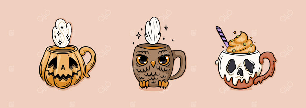 ست هالووین جذاب و ترسناک با نقاشی‌های کارتونی لیوان در سبک دستی.