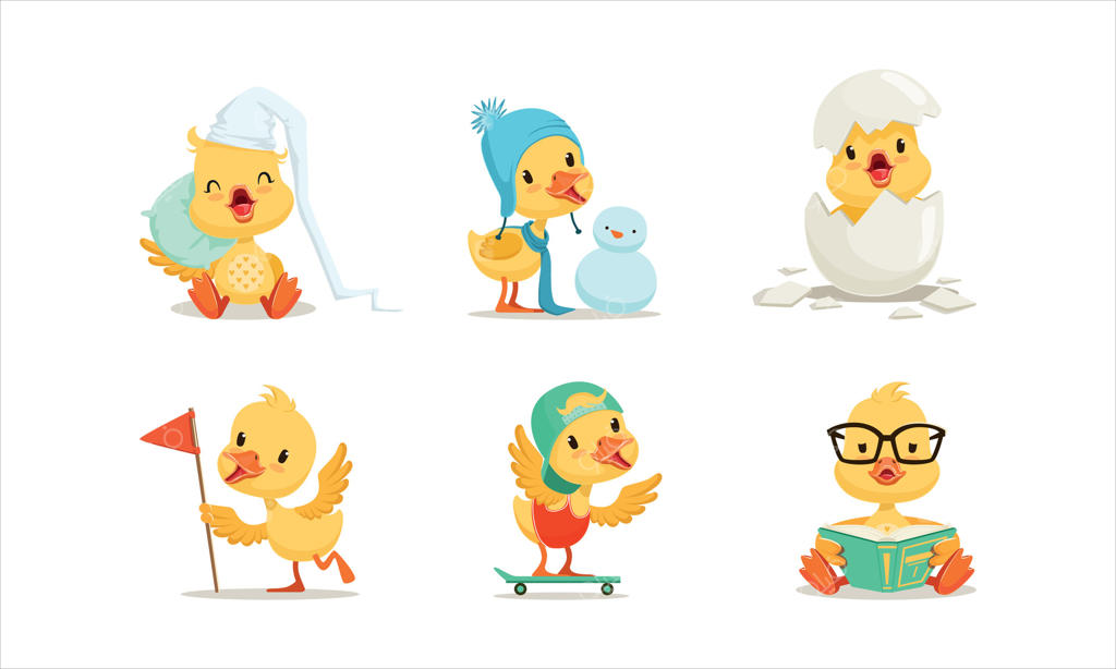 اردک‌های کارتونی دوست‌داشتنی در حال فعالیت‌های سرگرم‌کننده (وکتور حرفه‌ای)