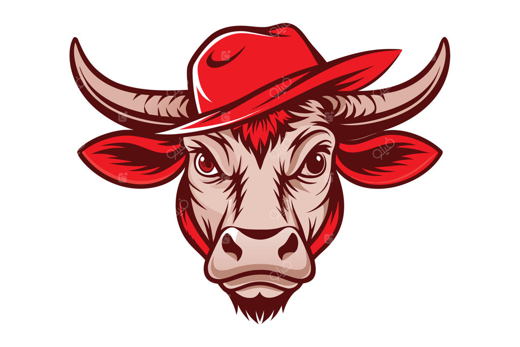 تصویرسازی کارتونی سر گاو خشمگین با کلاه گاوچرانی قرمز و شاخ‌های بزرگ