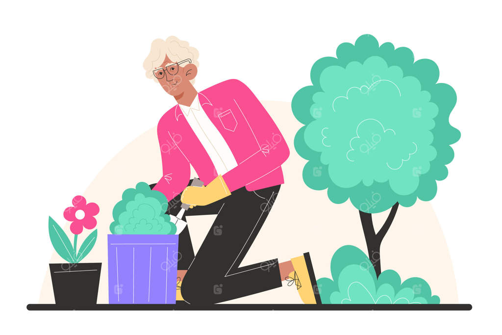 مردی سالخورده در باغ نشسته و گل‌ در گلدان می‌کارد.