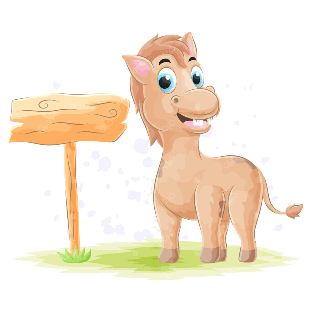 نقاشی آبرنگ از اسب بامزه با تابلوی چوبی