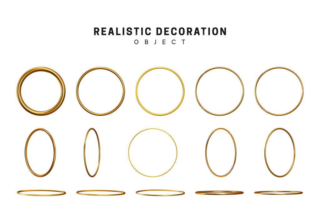اشکال هندسی طلایی: عناصر تزئینی طلایی با زمینه سفید. طرح‌های فلزی برنز. اشیاء سه‌بعدی دایره‌ای زرد با ضخامت‌های مختلف.