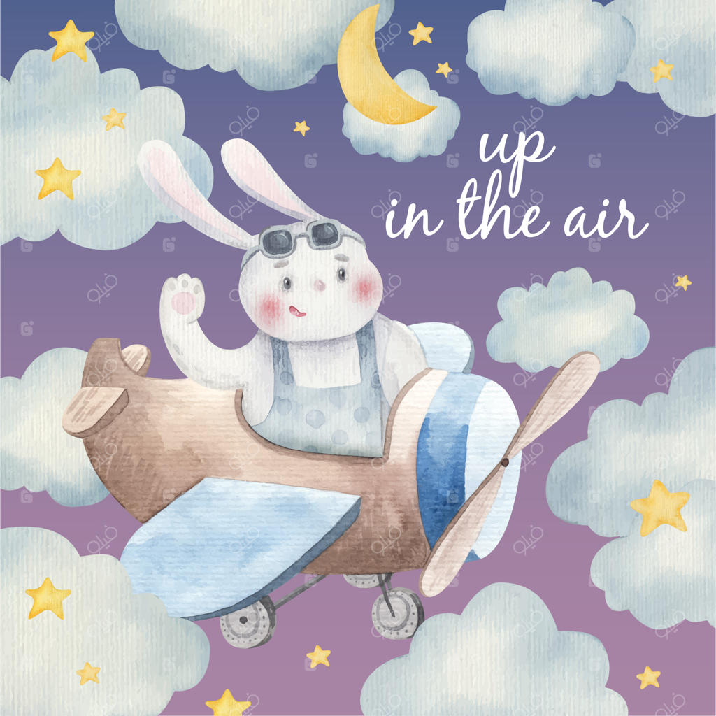 کارت نوزاد بامزه با حیوانات در هواپیما میان ابرها، خرگوشی در آسمان - تصویرگری کودکانه با آبرنگ