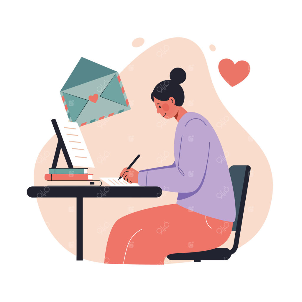 زنی در حال نوشتن نامه عاشقانه، با تصویر قلب و پاکت در رنگ‌های گرم