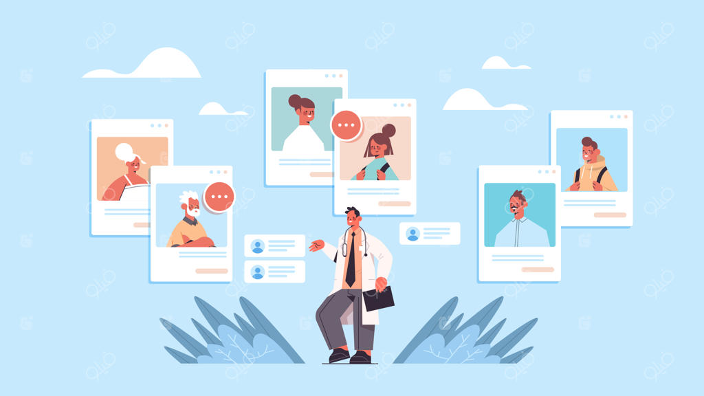 پزشک مرد در حال مشاوره آنلاین با خانواده: بررسی پزشکی از طریق مرورگر وب