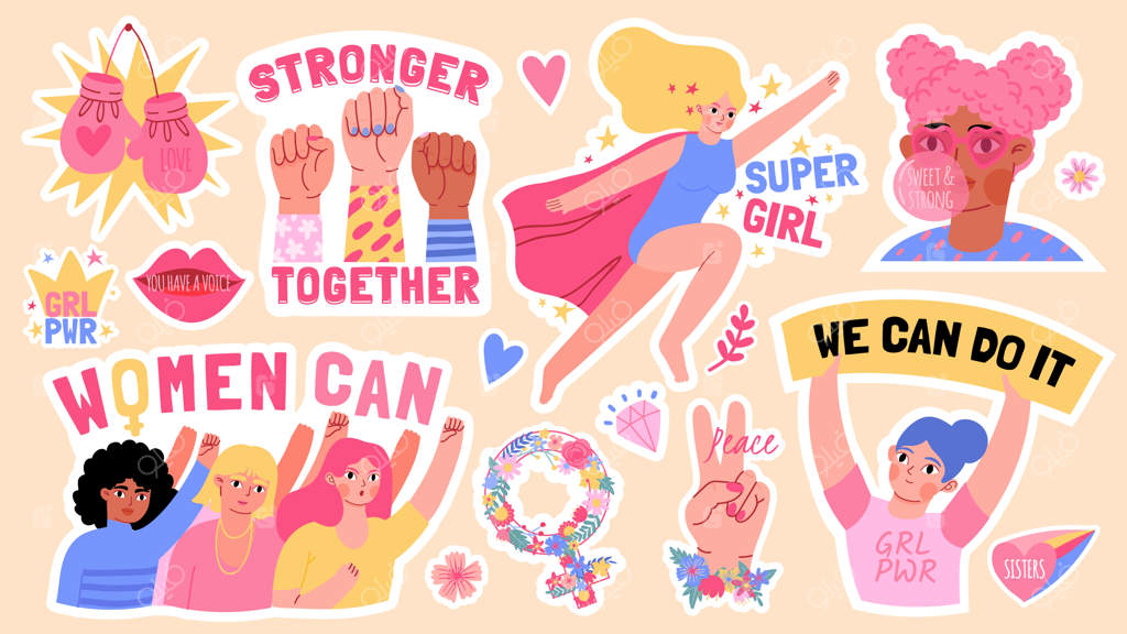 برچسب‌های قدرت دختران با مشت‌های بالا و شعارهای فمینیستی. حقوق زنان قوی و سیاه‌پوست. دختر فوق‌العاده. مجموعه نمادهای جنبش فمینیستی. تصویر برچسب فمینیستی و نقل‌قول قدرت زنان