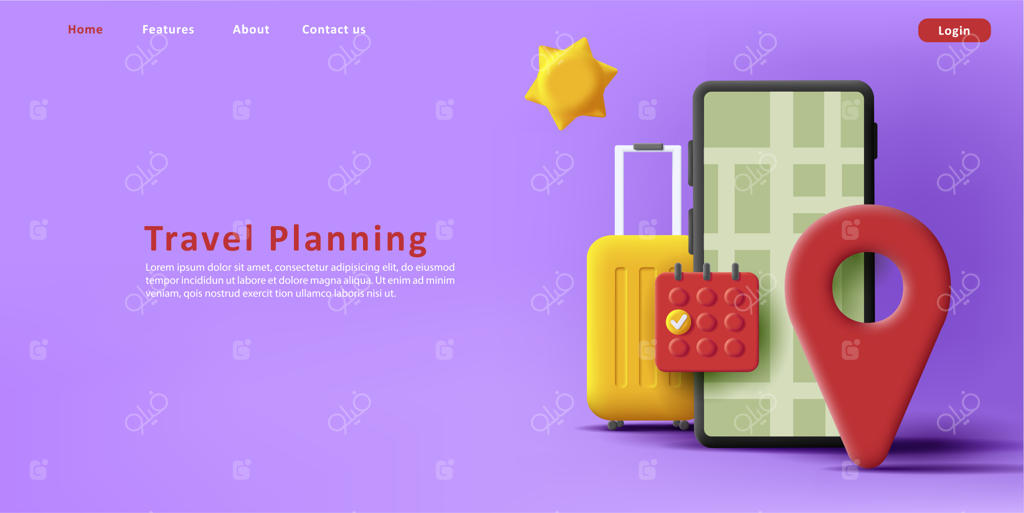 سفر: تصویر سه‌بعدی از گوشی هوشمند و چمدان با تقویم و نشانگر جغرافیایی در کنار خورشید