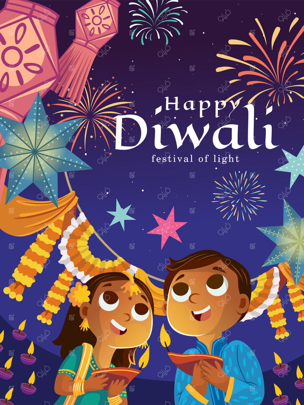 تصویرسازی دو کودک شمع به دست در جشن دیوالی و زیر نور آتش‌بازی