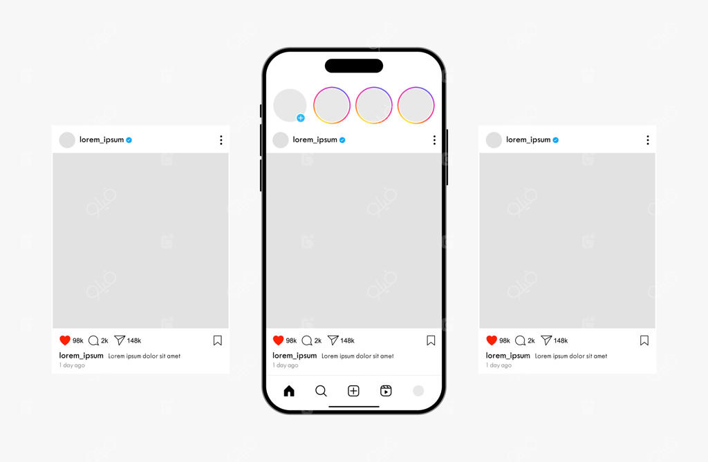 قالب پیش‌نمایش فید شبکه‌های اجتماعی روی گوشی هوشمند. طراحی اپلیکیشن شبکه اجتماعی روی موبایل