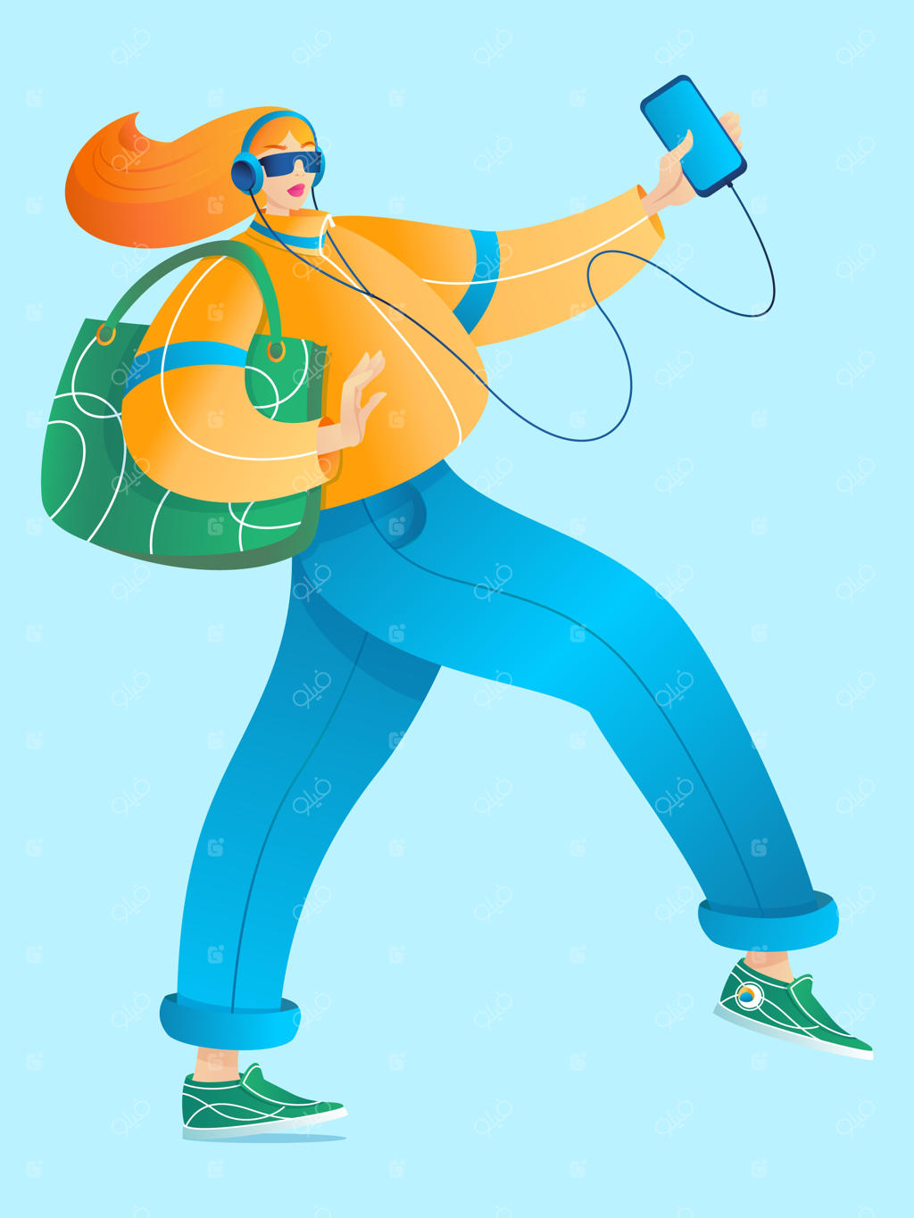 تصویر دختری شیک که با گوشی موسیقی گوش می‌دهد.