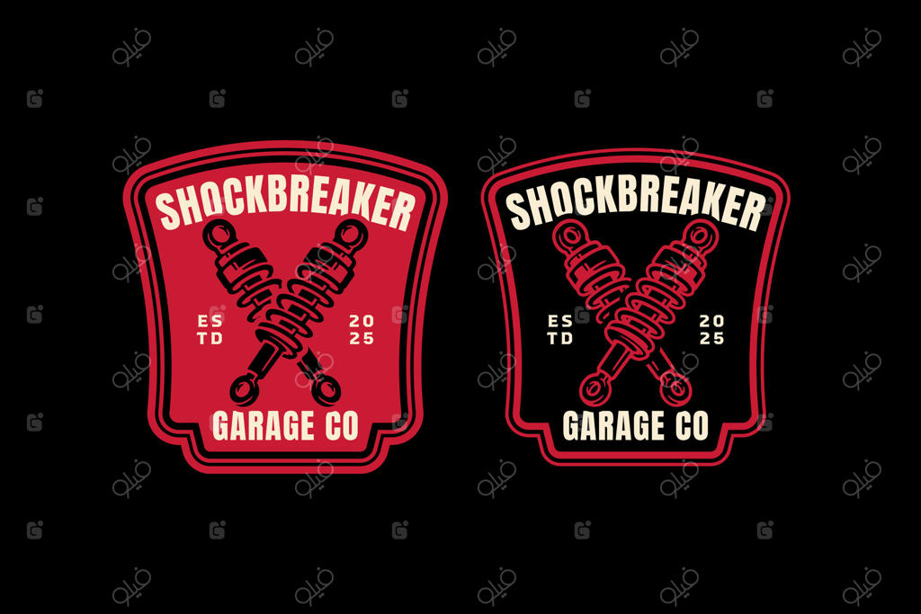 مجموعه طراحی لوگوی نشان قدیمی شوک‌شکن برای تعمیرگاه خودرو. نماد وینتیج کمک‌فنر برای قطعات خودرو. طرح‌های برچسبی از تصاویر سیستم تعلیق شوک‌شکن