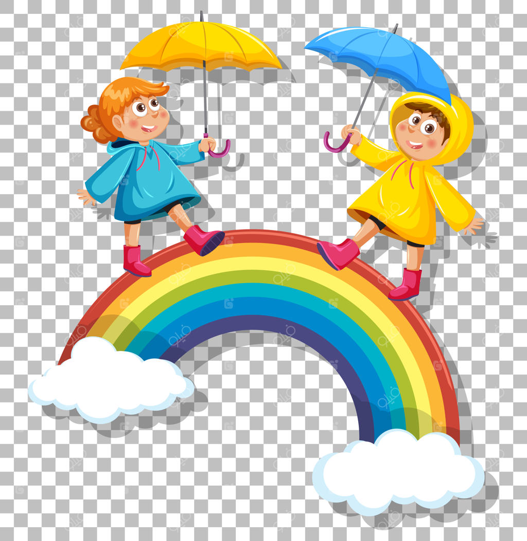 کودکانی که روی رنگین‌کمانی بر پس‌زمینه شطرنجی قدم می‌زنند