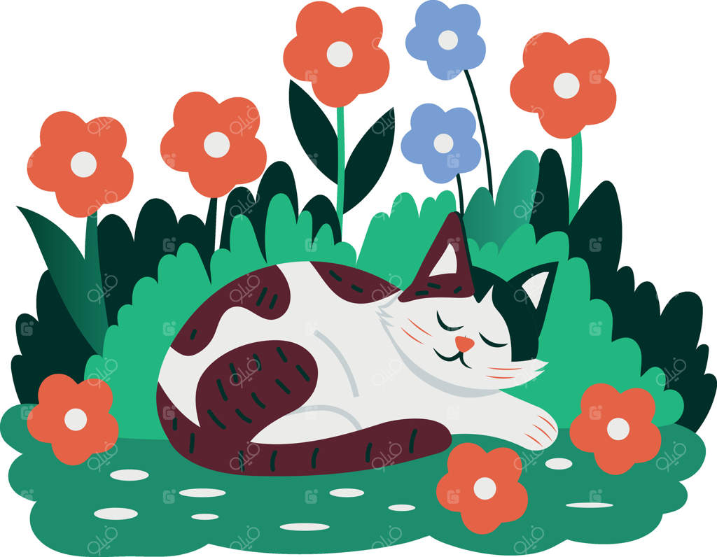 گربه خوابیده در باغ گل، تصویرسازی به سبک مینیمال