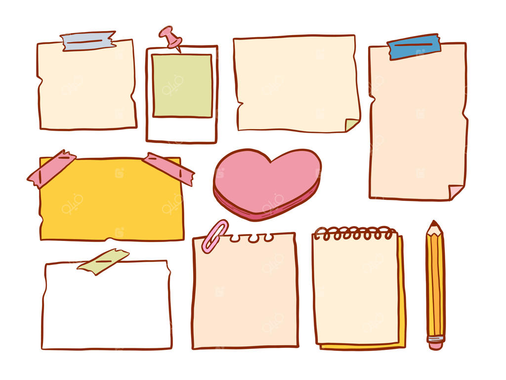 کاغذهای دست‌نویس و لوازم‌التحریر: مجموعه‌ای سرگرم‌کننده از کاغذ یادداشت‌ها، برگه‌های چسب‌زده، قاب پولاروید، دفترچه قلبی، دفترچه مارپیچ و مداد به سبک دست‌نویس برای طراحی‌های خلاقانه، ژورنال‌نویسی و تزئین.