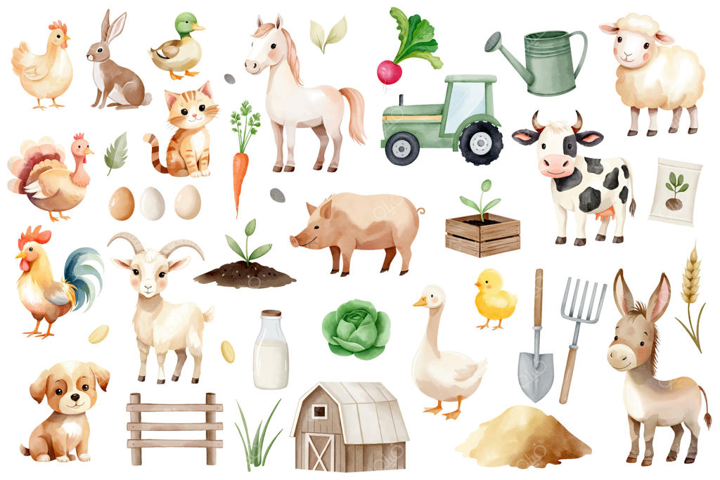 حیوانات مزرعه و عناصر کشاورزی با آبرنگ. حیوانات در مزرعه، انبار، نرده، سبزیجات، شیر، تخم‌مرغ. سگ، خوک، اسب، گربه، گاو، گوسفند.