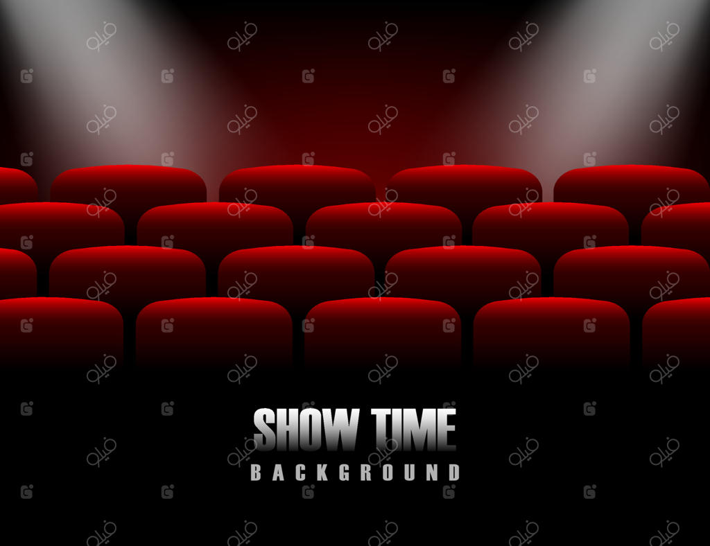 سینما با صندلی و نورافکن: سالن تئاتر با دکوراسیون داخلی، آمفی‌تئاتر برای فیلم و تئاتر. صحنه‌ای خالی برای نمایش فیلم. صندلی‌های قرمز برای ارائه، پس‌زمینه‌ای برای تبلیغات.