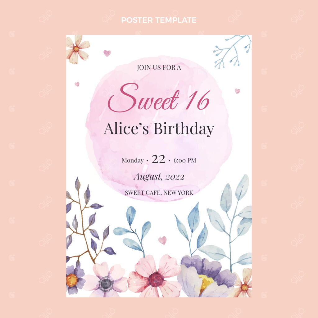 طرح پوستر جشن تولد 16 سالگی با تم گل‌های آبرنگی