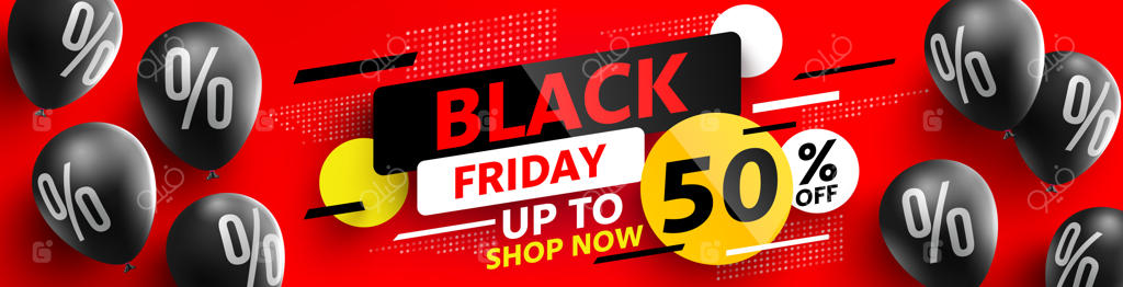 بنر تخفیف جمعه سیاه با بادکنک‌های مشکی و علامت درصد یا تخفیف برای خرده‌فروشی و خرید، یا تبلیغ جمعه سیاه. طراحی بنر تخفیف برای شبکه‌های اجتماعی و وب‌سایت، با پیشنهاد ویژه حراج بزرگ.