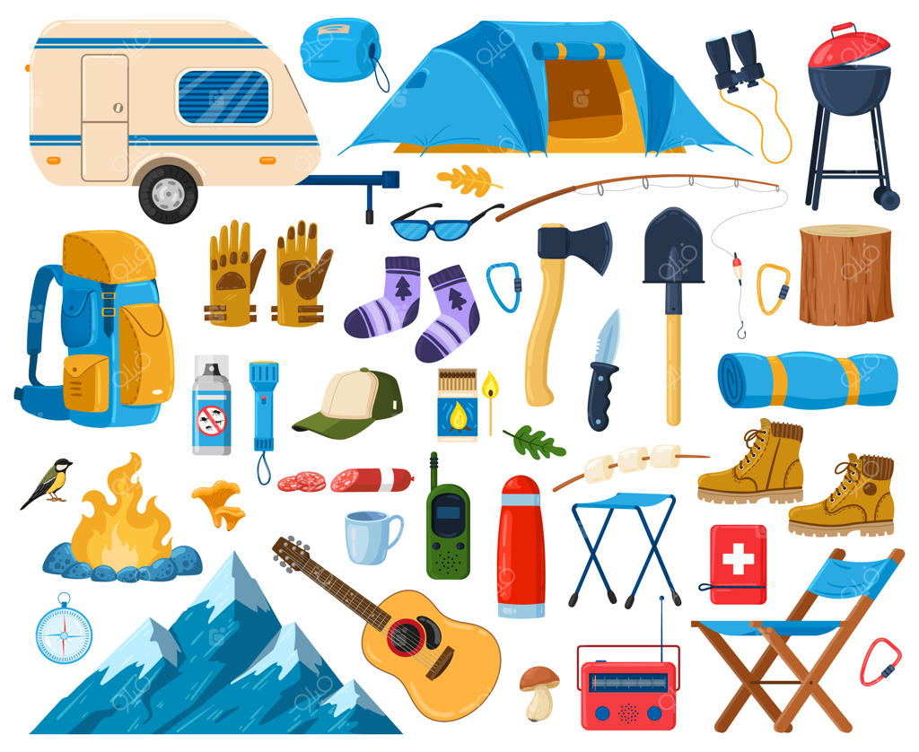 نقشه عناصر کارتونی گردشگری و کوهنوردی: چادر، آتش، تجهیزات کوهنوردی و کمپینگ، نمادهای وکتور برای سفرهای ماجراجویانه در کوهستان