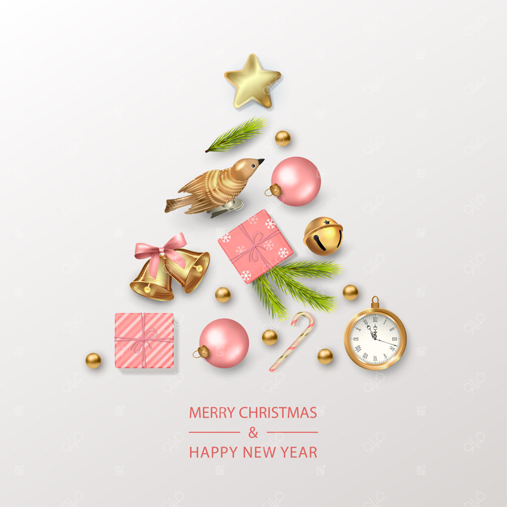 کارت کریسمس و سال نو با درخت کریسمس تزئین شده با دکورهای جشنواره‌ای