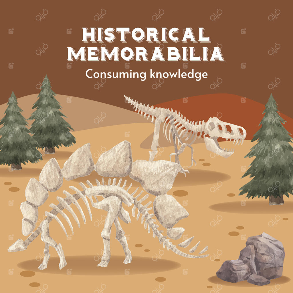 قالب پست اینستاگرام با موضوع باستان‌شناسی فسیل‌ها به سبک آبرنگی