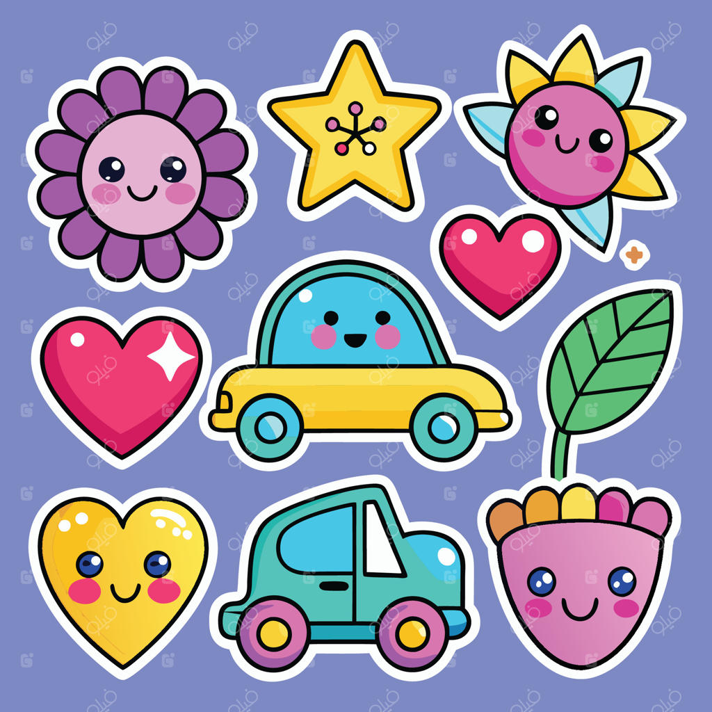 مجموعه استیکر کارتونی زیبا با قلب‌ها، گل‌ها و وسایل نقلیه
