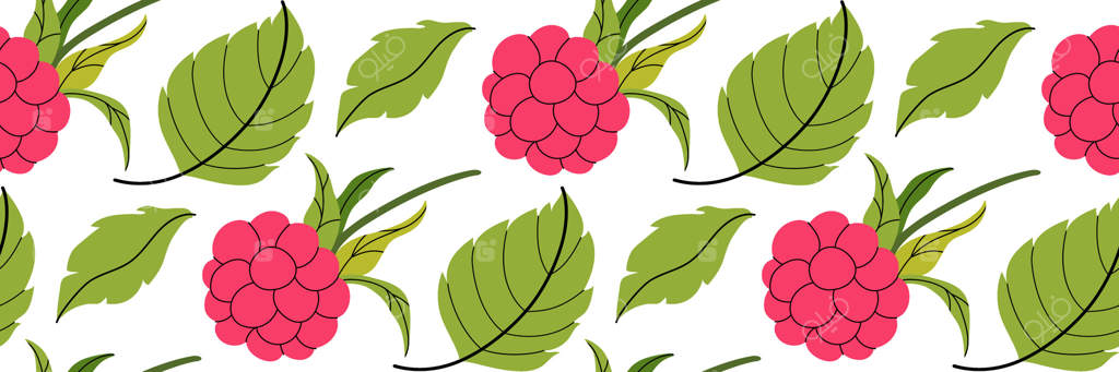 طرح یکپارچه با تمشک صورتی و برگ‌ها روی زمینه سفید. زمینه بهاری باغ. مناسب برای طراحی منسوجات، منو، بسته‌بندی و آشپزخانه. نقاشی ساده.