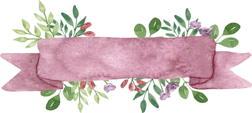 روبان‌های صورتی آبرنگی با گل‌ها و برگ‌های سبز. روبان‌های انتزاعی صورتی به همراه گل و برگ.