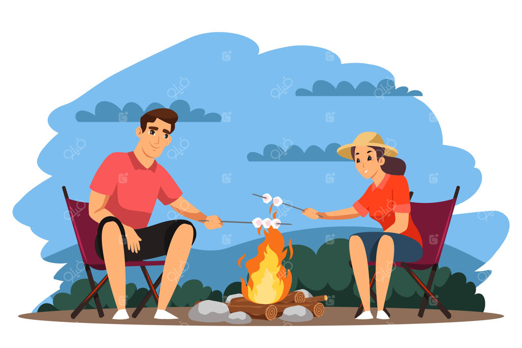 زوج طبیعت‌گرد در حال کباب کردن مارشمالو و استراحت کنار آتش در جنگل