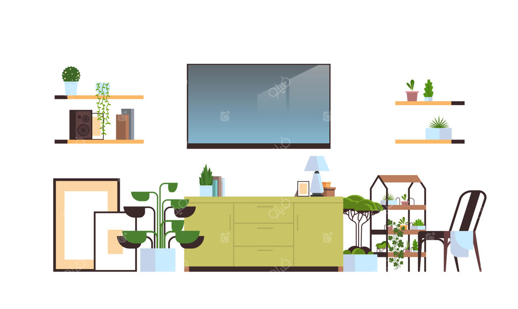 دکوراسیون داخلی اتاق نشیمن مدرن و مبله با دیوار سفید در آپارتمان خالی و بدون حضور افراد