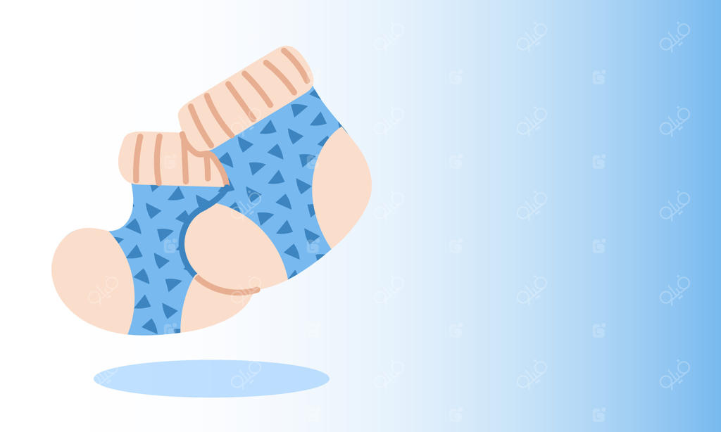 بنری با گرادیان آبی و یک جفت جوراب بچگانه. جوراب‌های آبی با طرح مثلث، نماد پسر در مهمانی جنسیت نوزاد. سورپرایز برای مادر باردار. جنسیت نوزاد را کشف کنیم. او پسر است. افقی