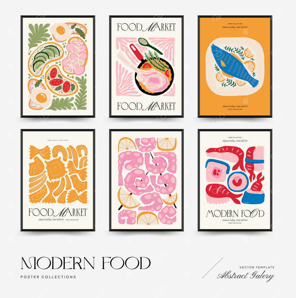 قالب پوستر انتزاعی غذا به سبک ماتیس و مینیمال، طرح مدرن برای دکوراسیون آشپزخانه و رستوران