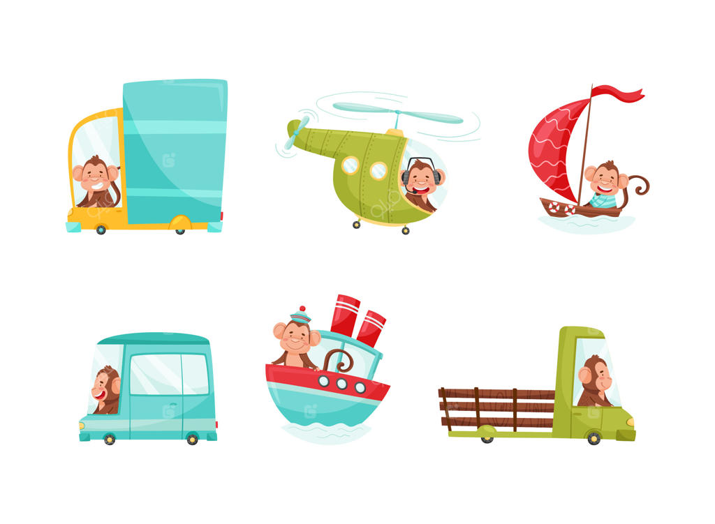 مجموعه‌ای از میمون‌های بامزه در حال رانندگی و سوار بر قایق و خودرو