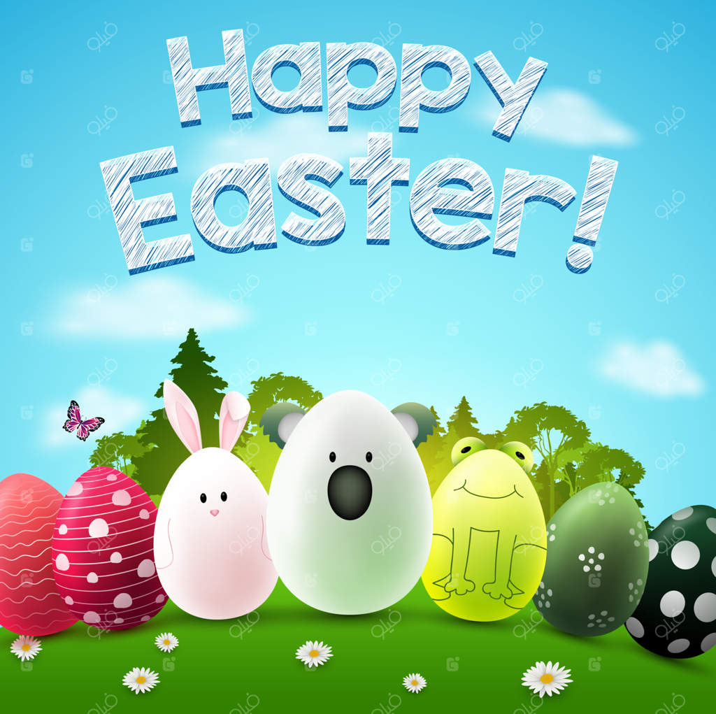 مجموعه‌ای از حیوانات با چهره درون تخم‌مرغ‌ها. خرگوش، کوآلا، قورباغه. کاراکترهای بامزه حیوانات. روز عید پاک شاد در باغچه