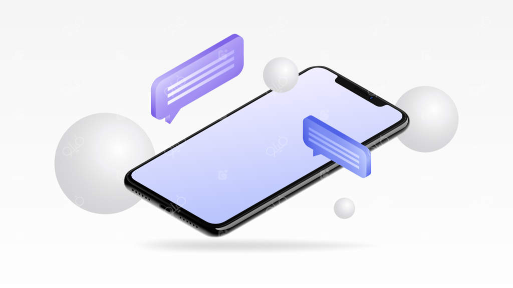 تصویرسازی وکتور ماکت گوشی هوشمند سفید همراه با حباب‌های گفتگو