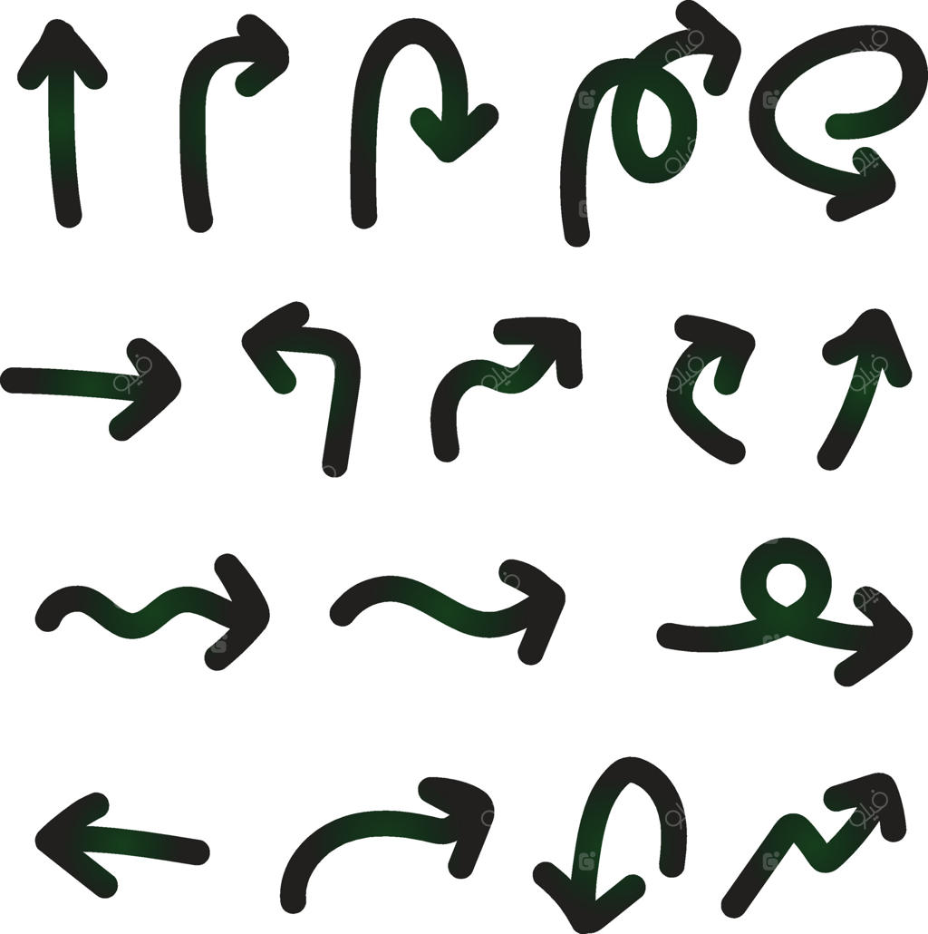 مجموعه‌ای از پیکان‌ها با طرح‌های دستی و دودل بر روی زمینه سفید