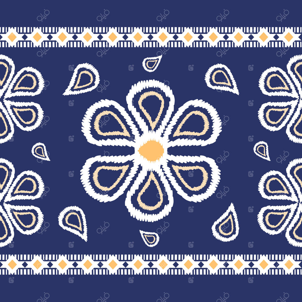 نقش بی‌پایان گل‌های سفید ایکات روی زمینه آبی نیلی. باغ شکوفا در مرکز و تزئین نوار در حاشیه. تزئینات مینیمال زرد، با موضوع طبیعت بهاری بر روی زمینه تیره. گلبرگ‌ها