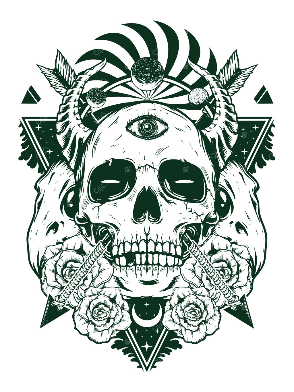 طرح جمجمه شیطان برای طراحی تی‌شرت در سبک سیاه و سفید