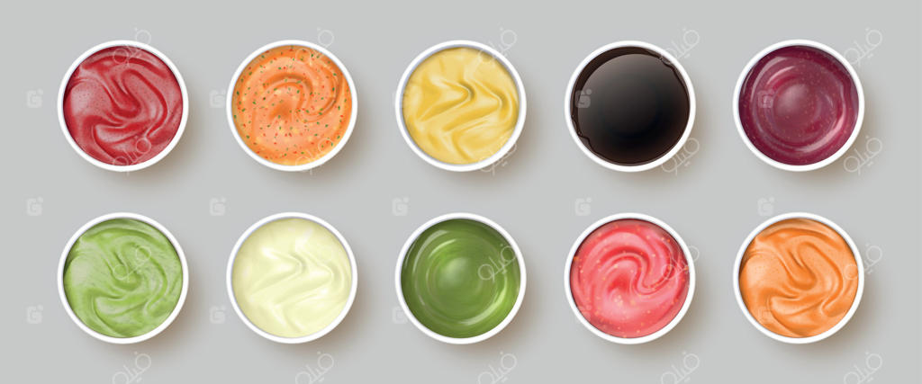 نمای بالا از سس‌های دیپ. کاسه‌های مایونز، کچاپ، خردل، پستو، کاری و گواکاموله. مجموعه وکتور واقع‌گرایانه انواع سس چاشنی تند