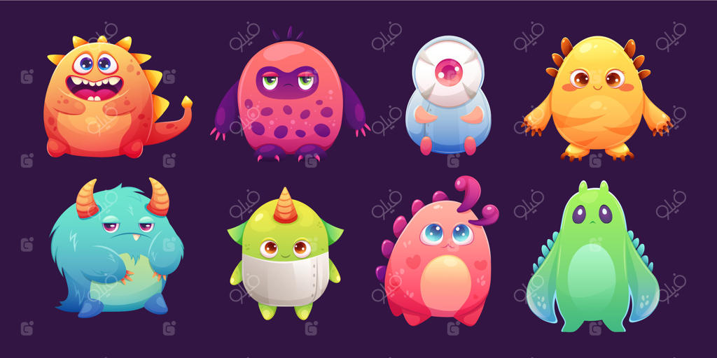 مجموعه هیولاهای فضایی بامزه با چشم‌های بزرگ و رنگ‌های گرادینت؛ تصویرسازی وکتور مناسب طرح چاپ کودکان با موضوع فضا و کهکشان