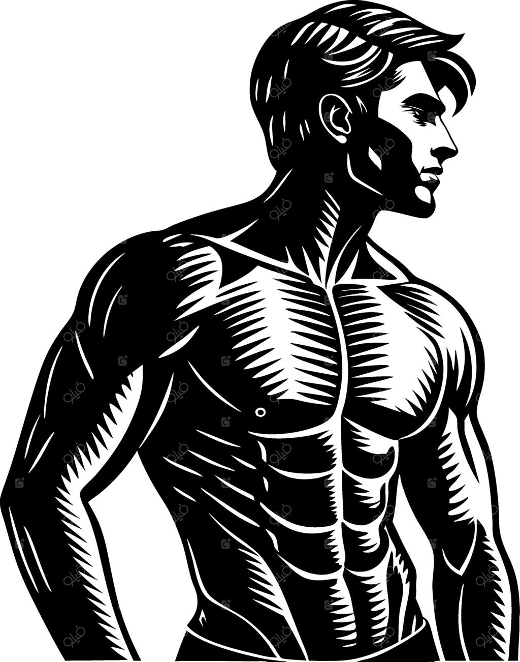 سیلوئت سیاه و سفید و استایلیزه مرد عضلانی، مناسب برای برندینگ فیتنس و آثار هنری