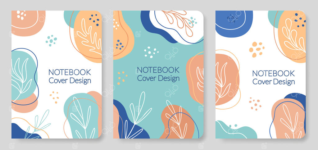 ست دفترچه یادداشت گل‌دار: طرح‌های دفترچه یا دفتر خاطرات با پترن برگ. پس‌زمینه‌های اشکال ارگانیک و انتزاعی. جلدهای دفترچه با طرح‌های گیاهی و زیبا.